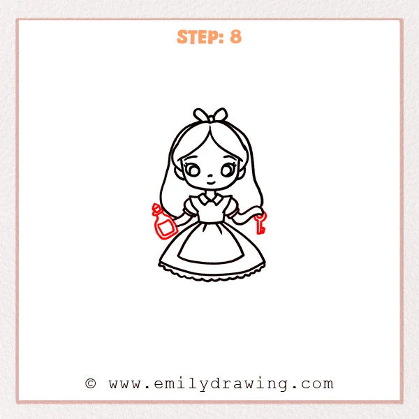 how to draw an alice in wonderland - Step 8: Alice in Wonderland holds a small bottle in one hand and a key in the other.